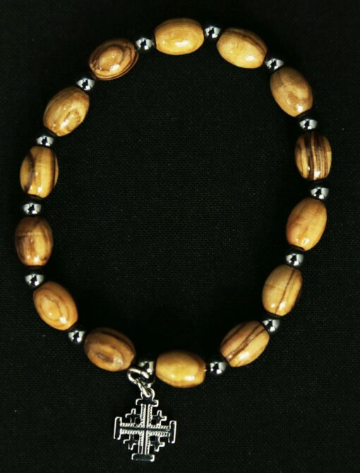 Olive Wood Bracelet - Hematite Beads - Jerusalem Cross